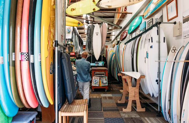 Inside a surf shop.