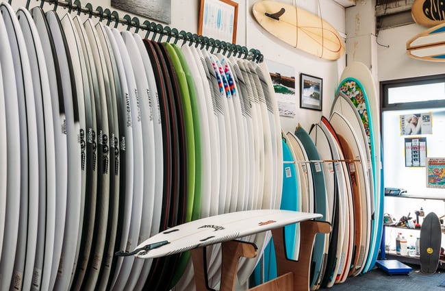 Surfboards on display.