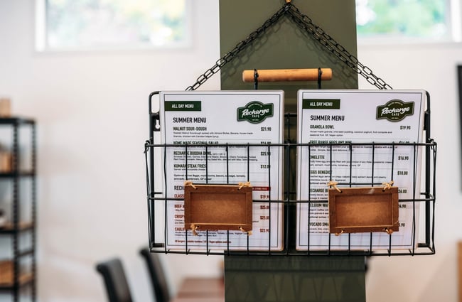 Menus on display at Recharge Bar & Cafe.