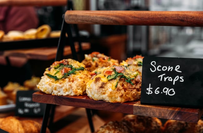 Display of scones at Recharge Bar & Cafe.