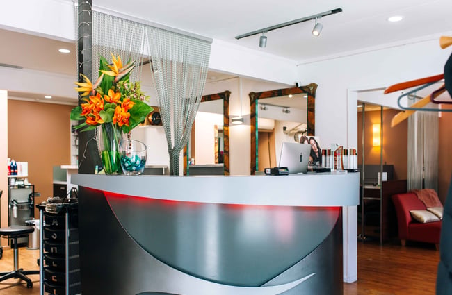 Silver salon counter.