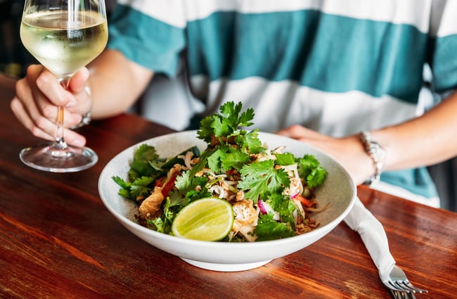 Vietnamese chicken salad and wine at Revive Espresso in Petone