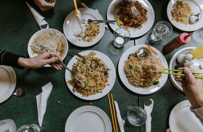 Flatlay of food on a table.