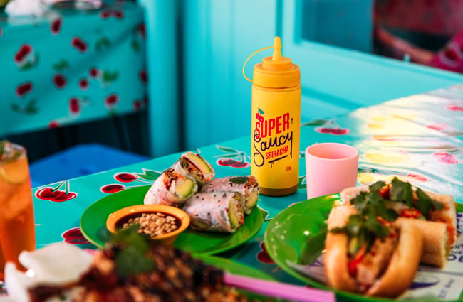 A close up of Vietnamese food on a table.