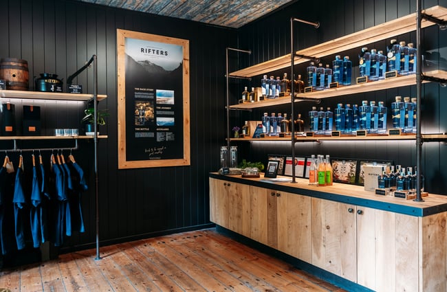 A lineup of gin and other products at Rifters Tasting Room.