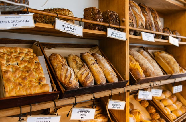 Shelf of bread at Ringawera Baker.