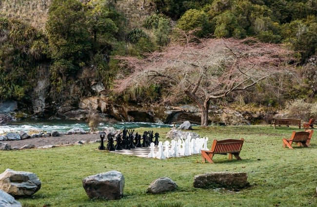 An outdoor chess set on grass at River Valley Lodge in Taihape.