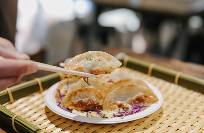 Someone eating dumplings with chopsticks at Riverside Market.