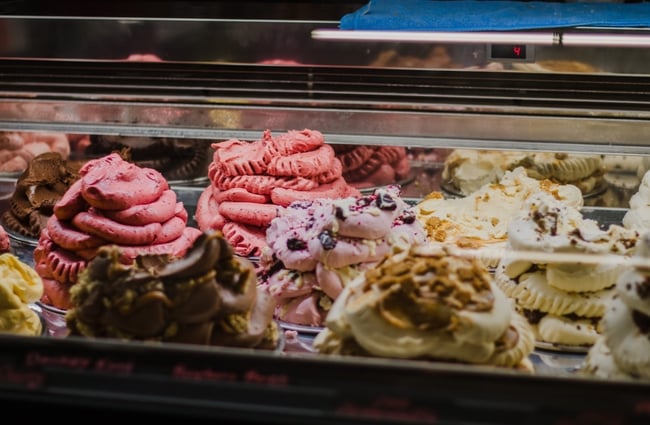 Ice cream on display at Rollickin' Gelato.