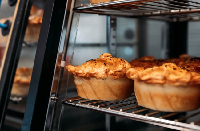 Close up of the pies in the warmer at Salut Pies.
