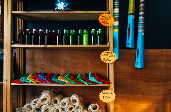 Shelves displaying Samoan gifts to buy.