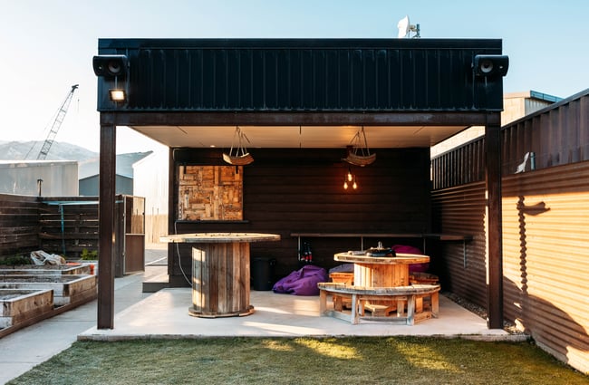 Outdoor seating area at Sangas Pies Cromwell Central Otago.