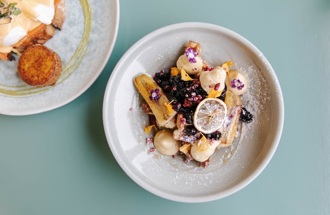 Close up of french toast with banana.