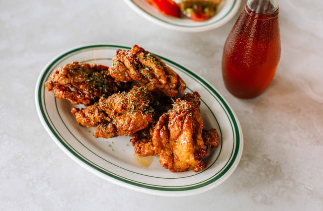 Close up of fried chicken.
