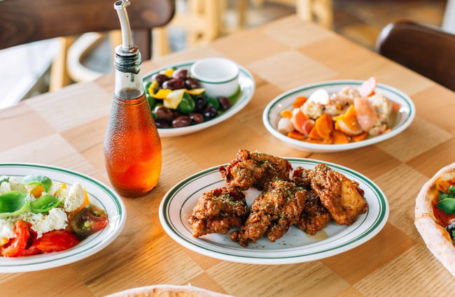 Tables with lots of food.