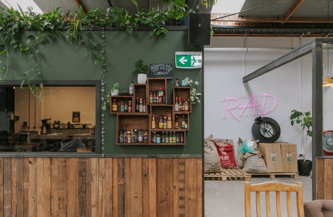 A seating and bench area inside a cafe.
