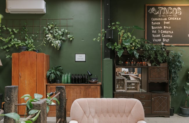 A seating area inside a cafe.