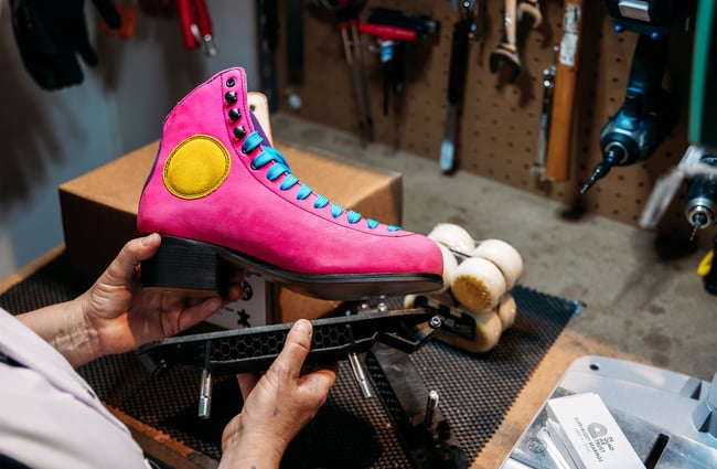Closeup of a pink skate at Seaside Skates.