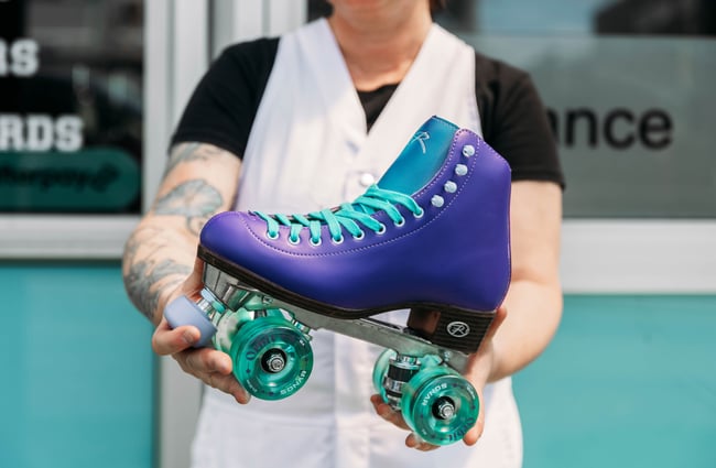Closeup of a purple skate at Seaside Skates.