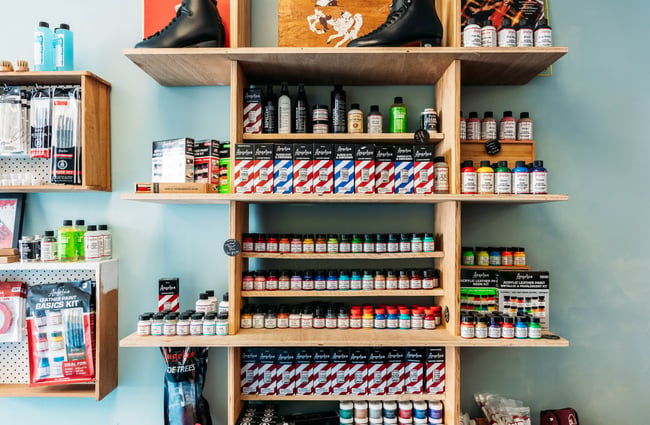 Products on shelf at Seaside Skates.