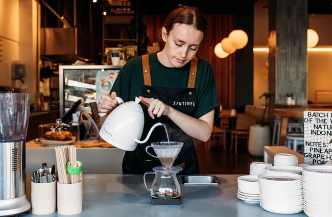 Barista making a pourover coffee at Sentinel Cafe in Hamilton.