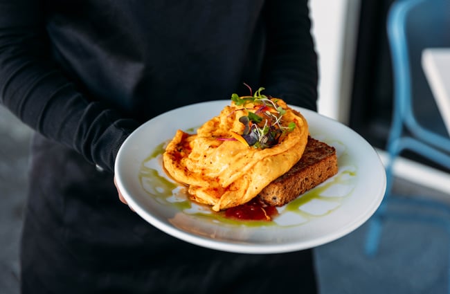 Person delivering an egg dish at Sentinel Cafe in Hamilton.
