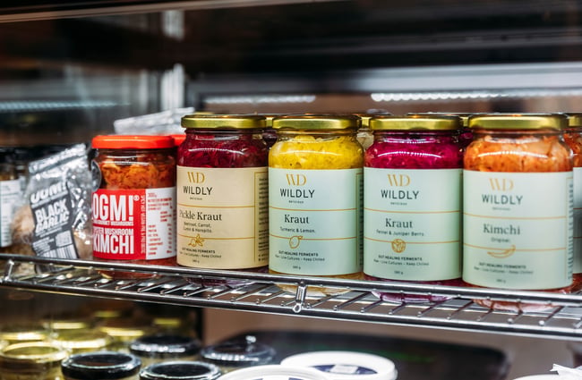 A row of different pickles at Seriously Pickled.