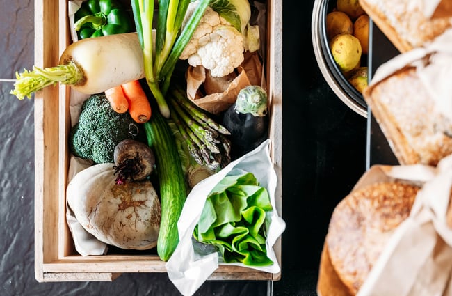 A crate of fresh vegetables at Seriously Pickled.
