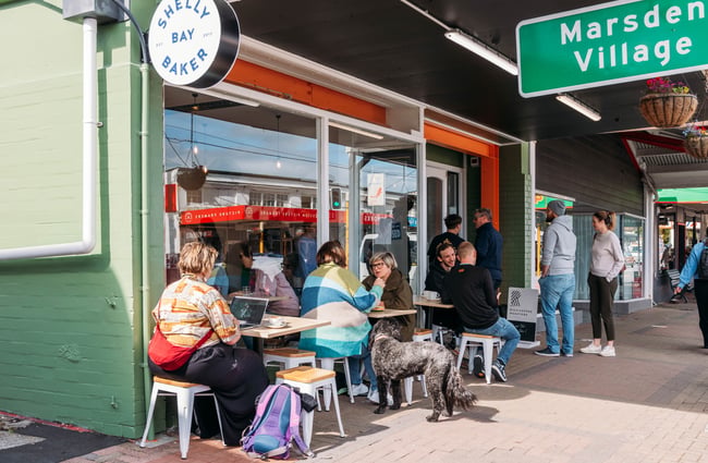 People lining up outside Shelly Bay Baker on Karori Road.