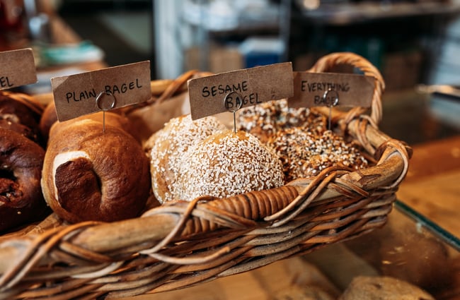 Close up of bagels in a basket on the counter at Shelly Bay Baker on Leeds Street