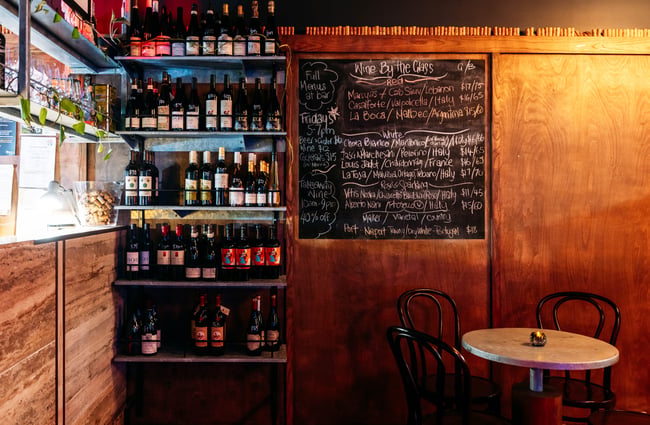Wood panelling on the walls inside a dimly lite bar.