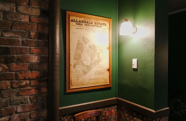 Framed map of Allandale estate on the wall at Silverstream Hotel, Kimbell.
