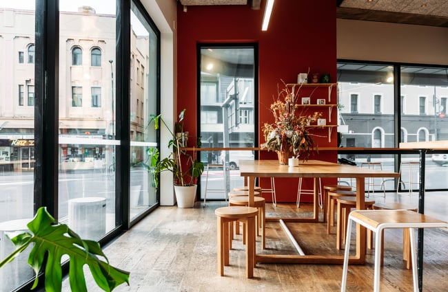 Table seating area at Sketchbook Coffee.