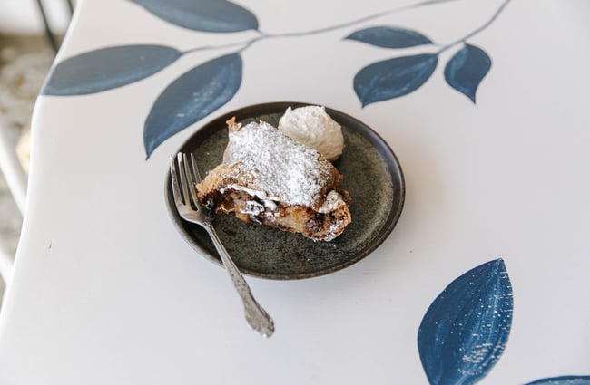 Close up of apple strudel on a plate.