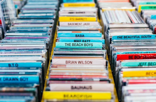 Close up of CD tags at Slow Boat Records, Wellington.