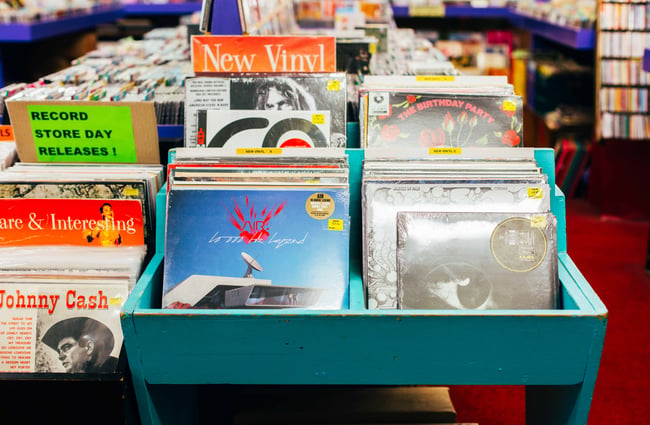 Close up of new vinyl for sale at Slow Boat Records, Wellington.