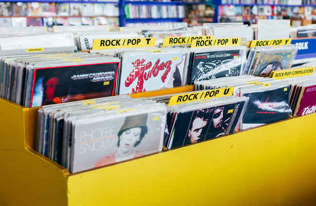 Close up of records for sale at Slow Boat Records, Wellington.