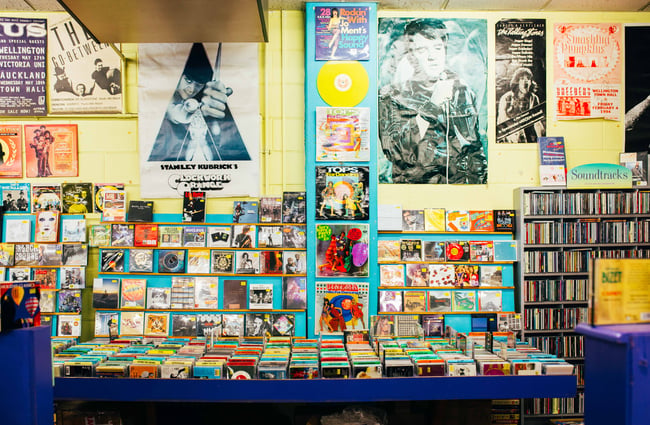 Old movie posters on the walls at Slow Boat Records, Wellington.