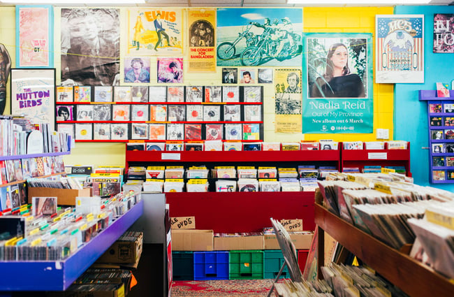Shelves of records and CDs at Slow Boat Records, Wellington.