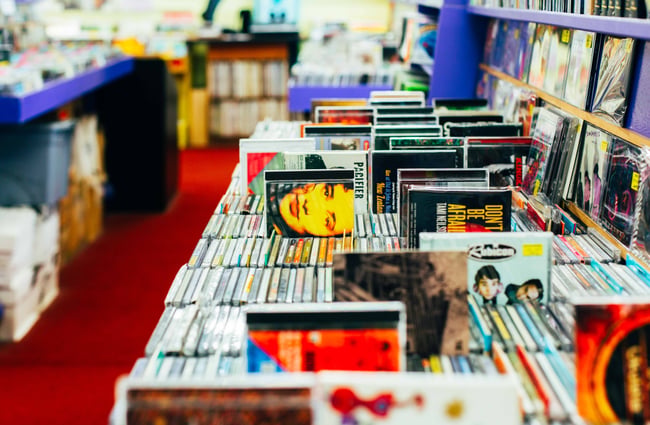 Side view of CDs on display at Slow Boat Records, Wellington.