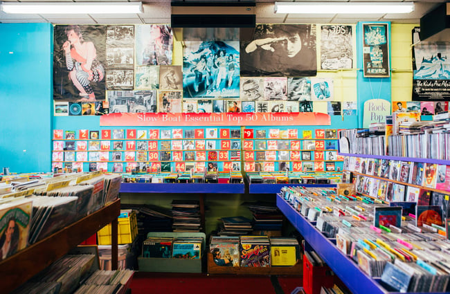 Slow Boat's top 50 essential album chart at Slow Boat Records, Wellington.