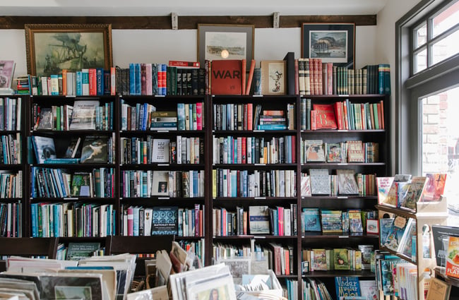 Bookshelves crammed with books at Smith's Bookshop, Christchurch.