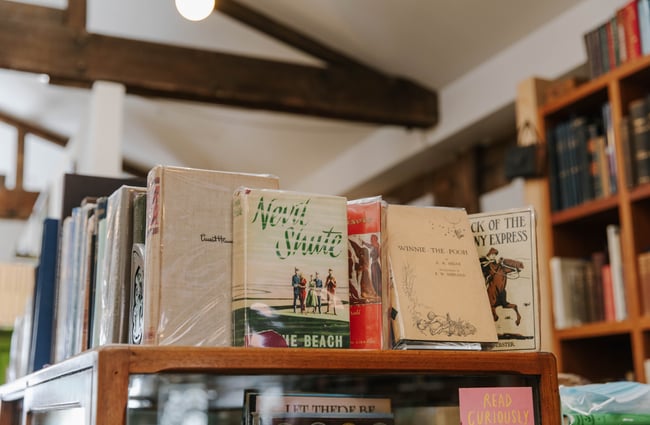 Close up of second-hand books on display at Smith's Bookshop, Christchurch.