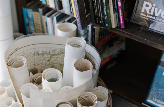 Old maps rolled up at Smith's Bookshop, Christchurch.