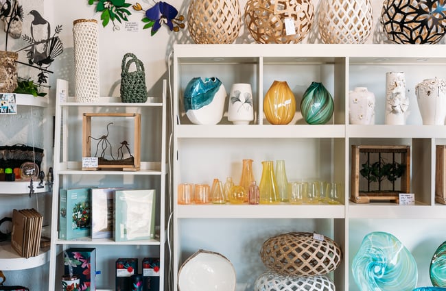 Shelves of items for sale at Soul Gallery.
