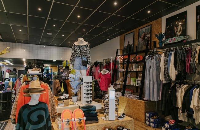 A wide angle view of inside the Oamaru surf shop.