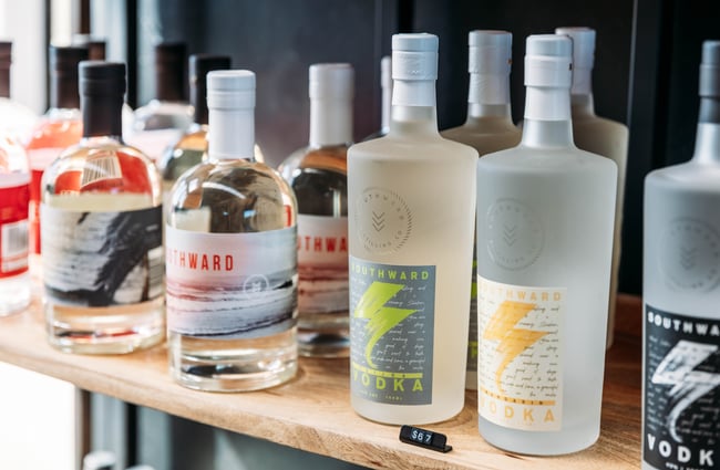Bottles of gin on display.