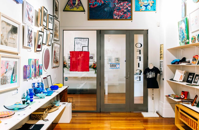 Image of the door from inside the store.