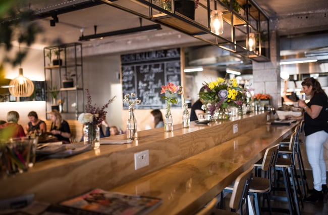 Long wooden bench seating.