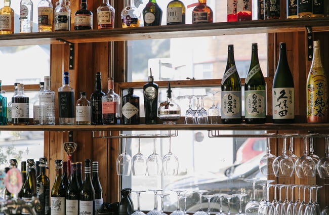 Bottles on shelves.